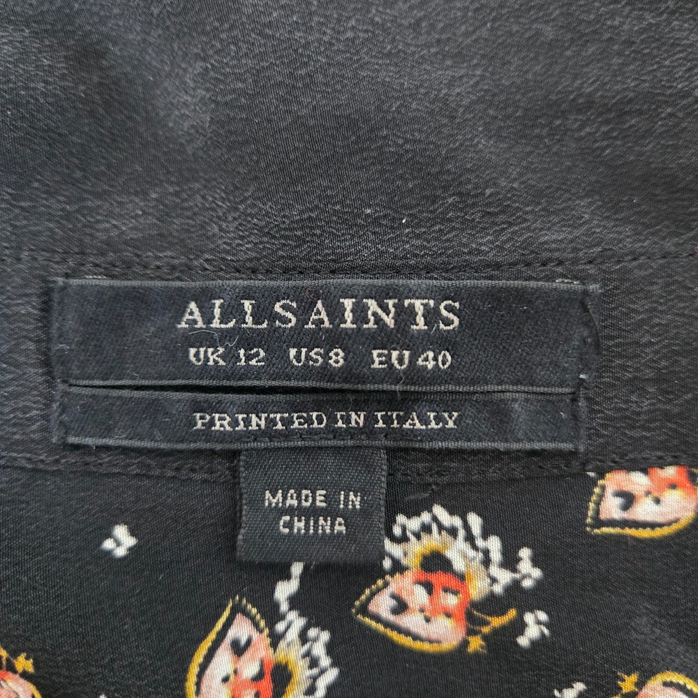 AllSaints Womens Floral Silk Shirt Dress Size 8 Black Quiet Luxury Asymmetric - Picture 5 of 8